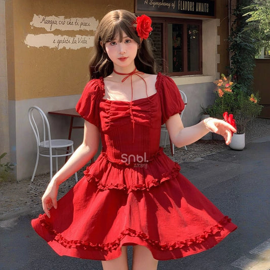 Summer Retro Style Red Puff Sleeve Dress
