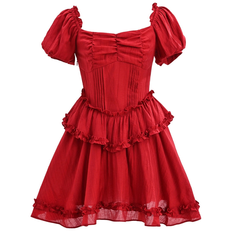Summer Retro Style Red Puff Sleeve Dress