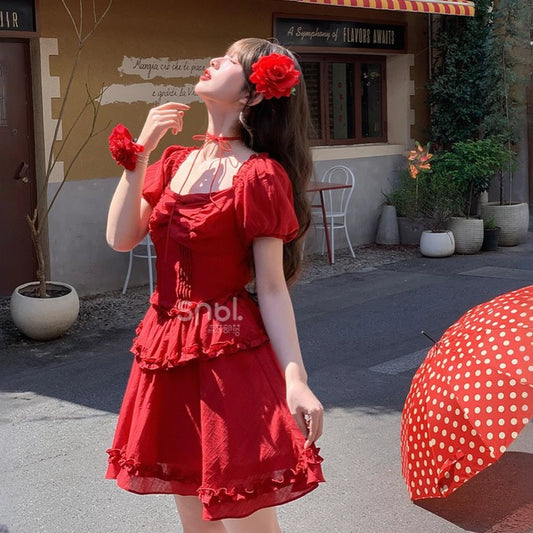 Summer Retro Style Red Puff Sleeve Dress