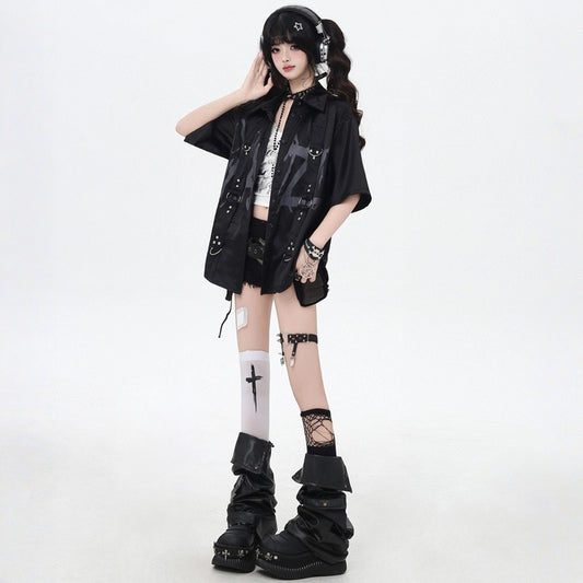 Summer Soft Asian Style Black Rivet Letter Short-sleeved Blouse