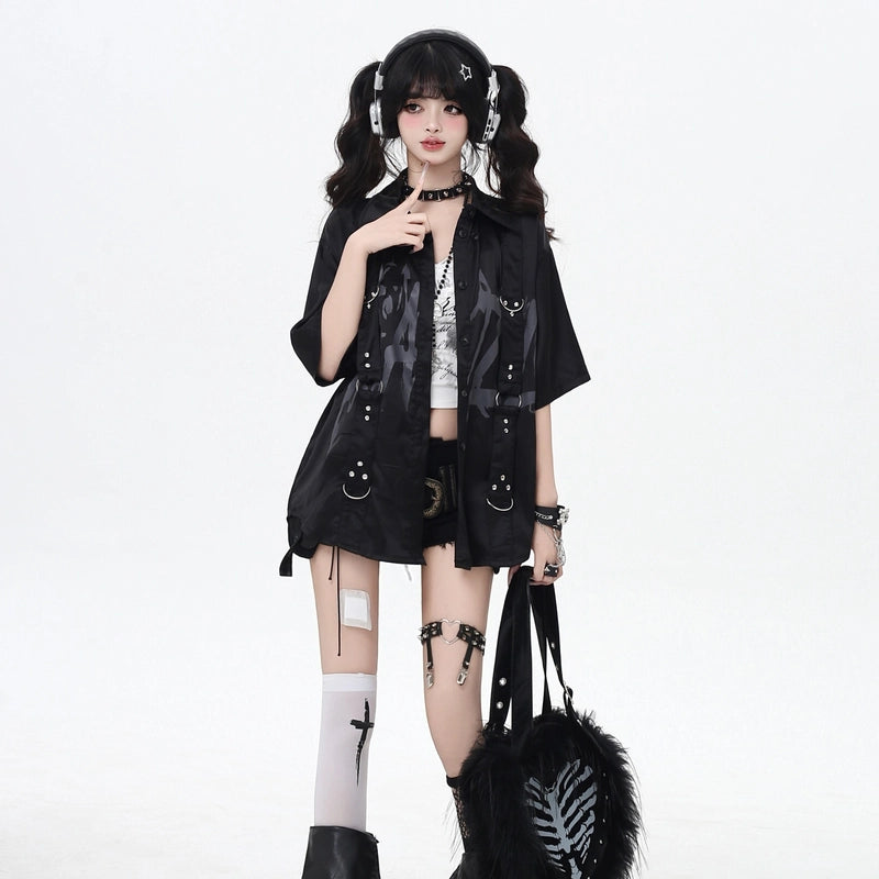 Summer Soft Asian Style Black Rivet Letter Short-sleeved Blouse