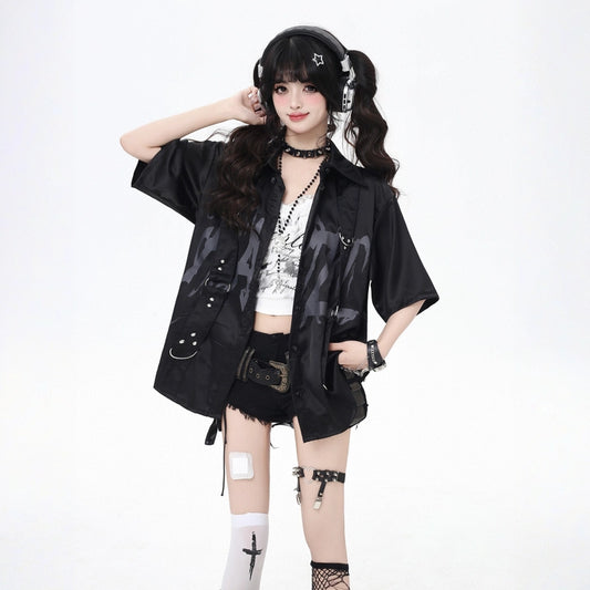Summer Soft Asian Style Black Rivet Letter Short-sleeved Blouse