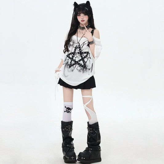 Summer Subculture Fashion Rivet Star Off-shoulder T-shirt