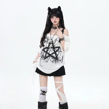 Summer Subculture Fashion Rivet Star Off-shoulder T-shirt