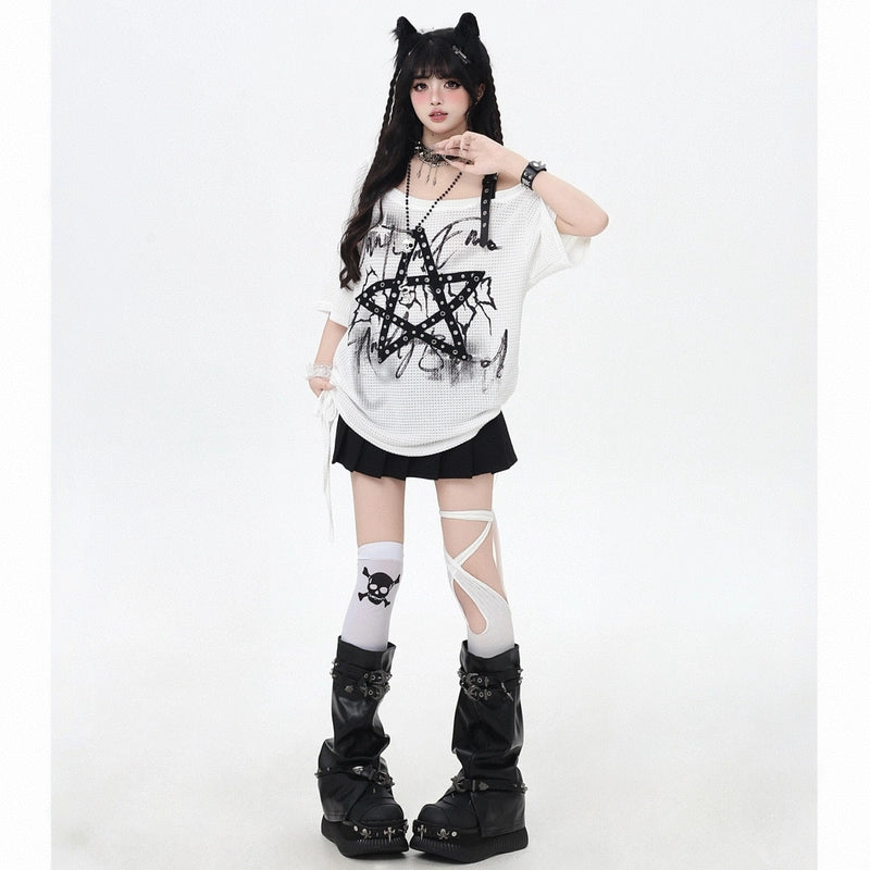 Summer Subculture Fashion Rivet Star Off-shoulder T-shirt