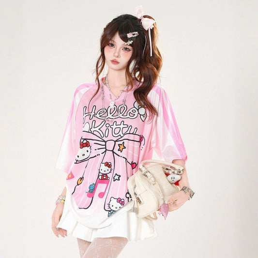 Summer Sweet American Style Pink Hello Kitty Printed T-shirt