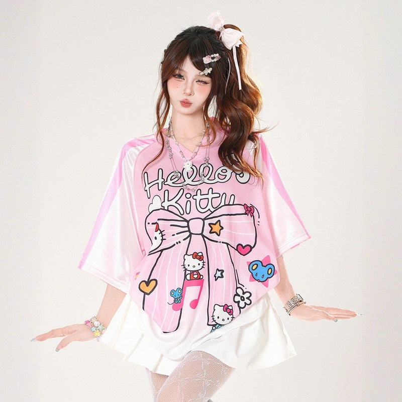 Summer Sweet American Style Pink Hello Kitty Printed T-shirt