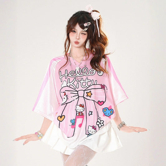 Summer Sweet American Style Pink Hello Kitty Printed T-shirt