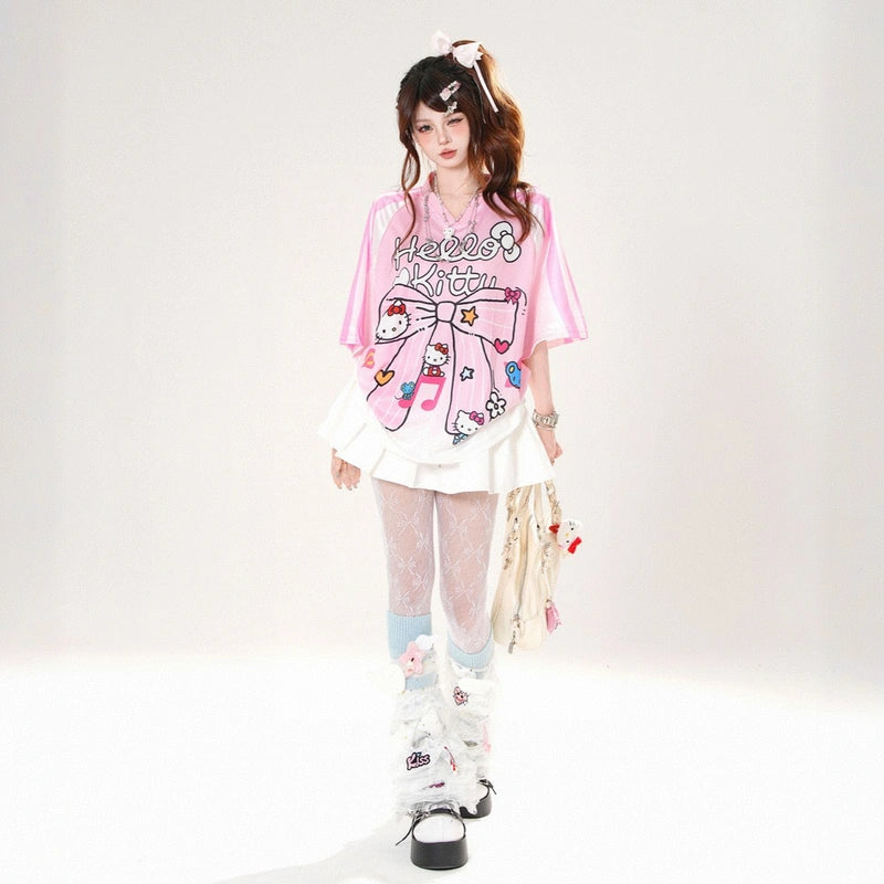 Summer Sweet American Style Pink Hello Kitty Printed T-shirt