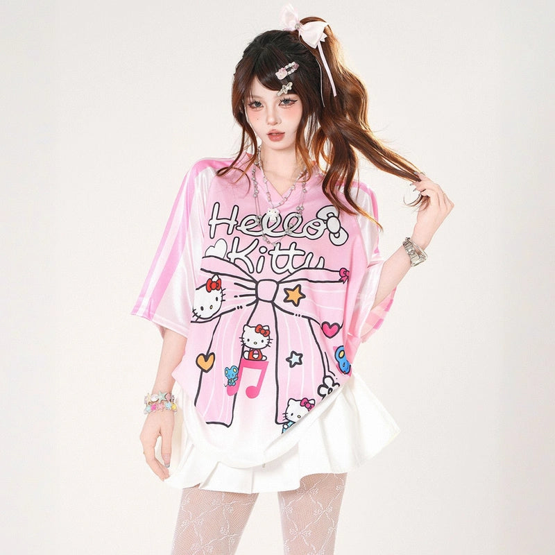 Summer Sweet American Style Pink Hello Kitty Printed T-shirt