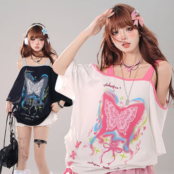 Summer Sweet Cool Girl Style Butterfly Print Off-shoulder T-shirt