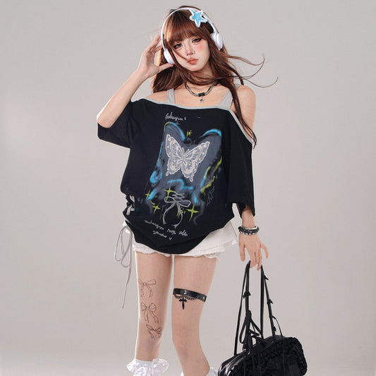 Summer Sweet Cool Girl Style Butterfly Print Off-shoulder T-shirt