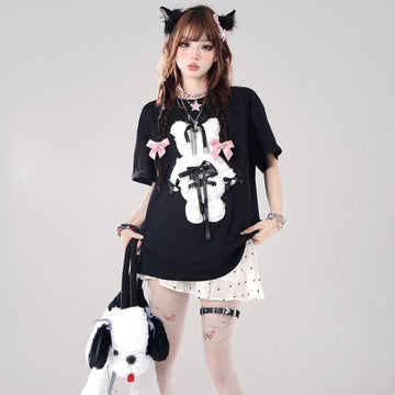 Summer Sweet Cool Girl Style Cartoon Bear Embroidered T-shirt