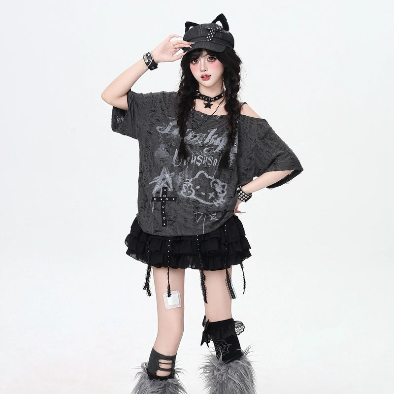 Summer Sweet Cool Girl Style Hello Kitty Graffiti Print T-shirt