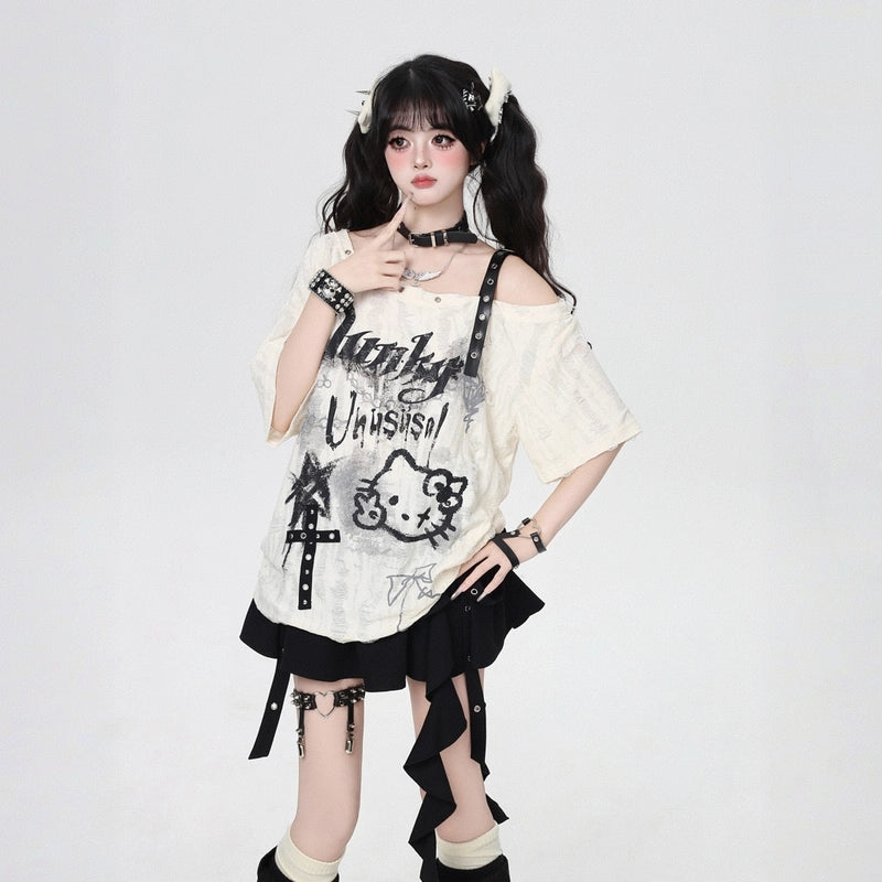 Summer Sweet Cool Girl Style Hello Kitty Graffiti Print T-shirt