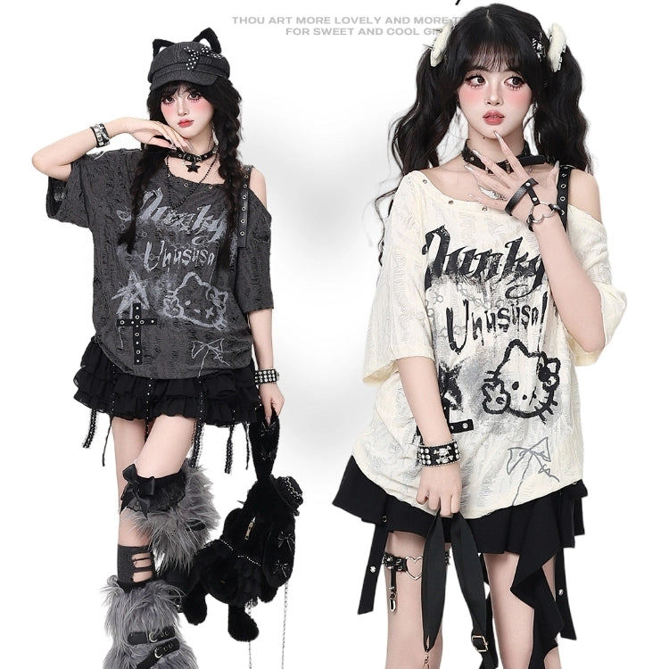 Summer Sweet Cool Girl Style Hello Kitty Graffiti Print T-shirt