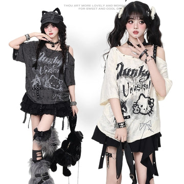 Summer Sweet Cool Girl Style Hello Kitty Graffiti Print T-shirt