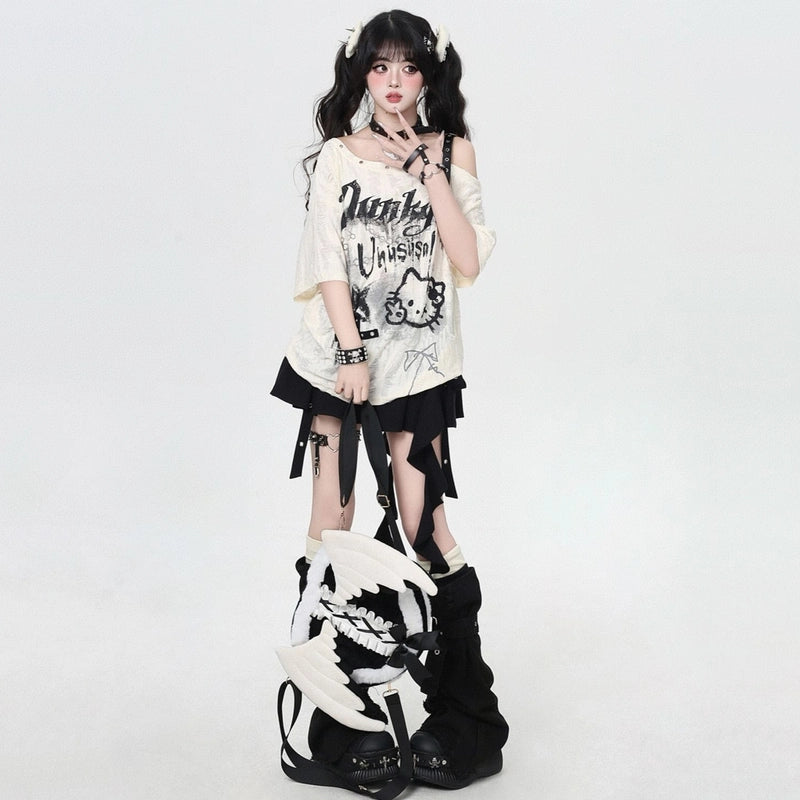 Summer Sweet Cool Girl Style Hello Kitty Graffiti Print T-shirt