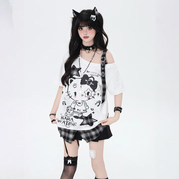 Summer Sweet Cool Style Black White Hello Kitty Print T-shirt
