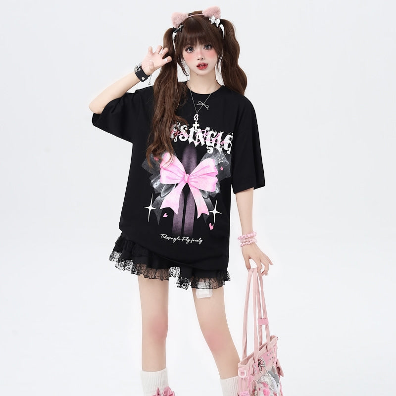 Summer Sweet Cool Style Bow Print Loose T-shirt