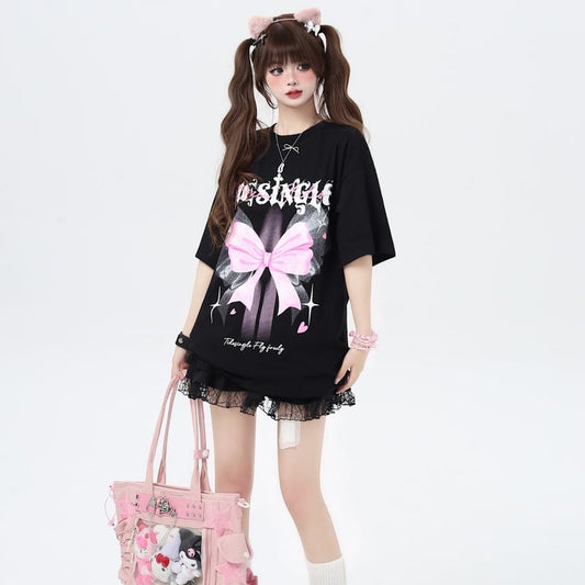 Summer Sweet Cool Style Bow Print Loose T-shirt