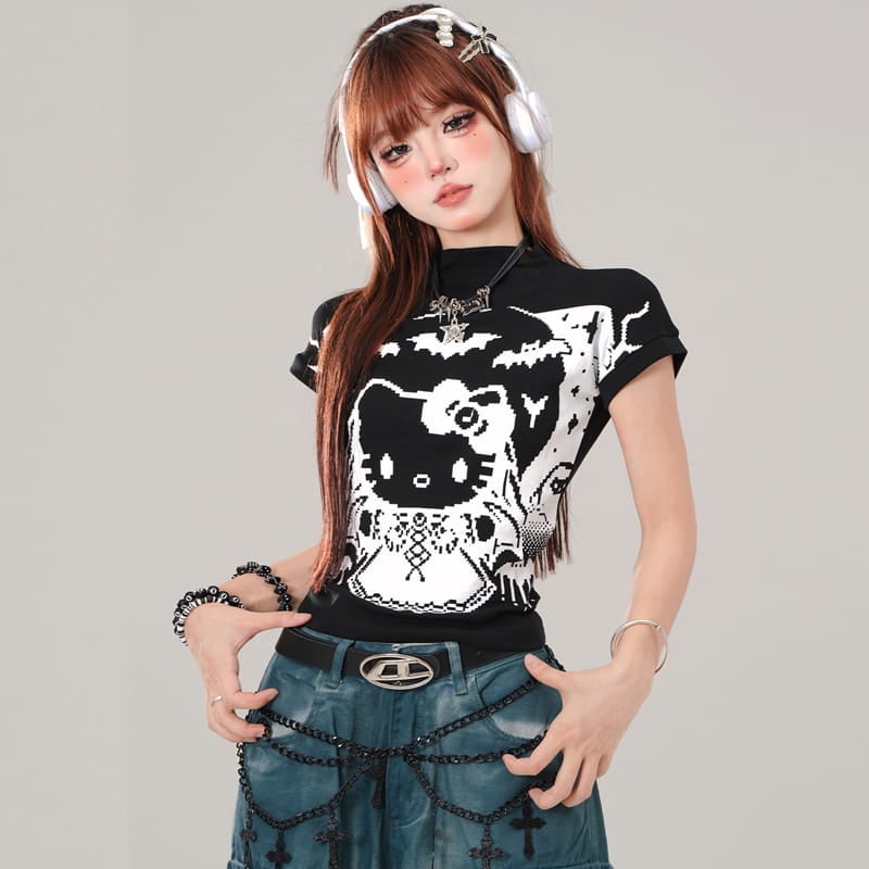 Summer Sweet Cool Style Graffiti Hello Kitty Print Slim T-shirt