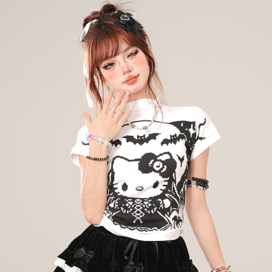 Summer Sweet Cool Style Graffiti Hello Kitty Print Slim T-shirt