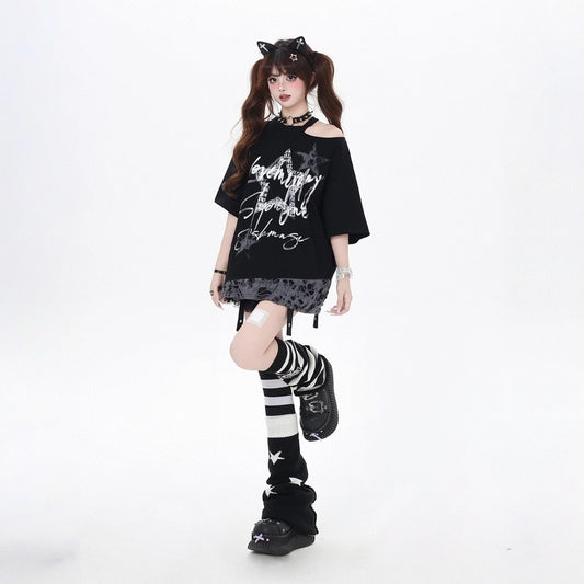 Summer Sweet Cool Style Star Print Off-shoulder T-shirt