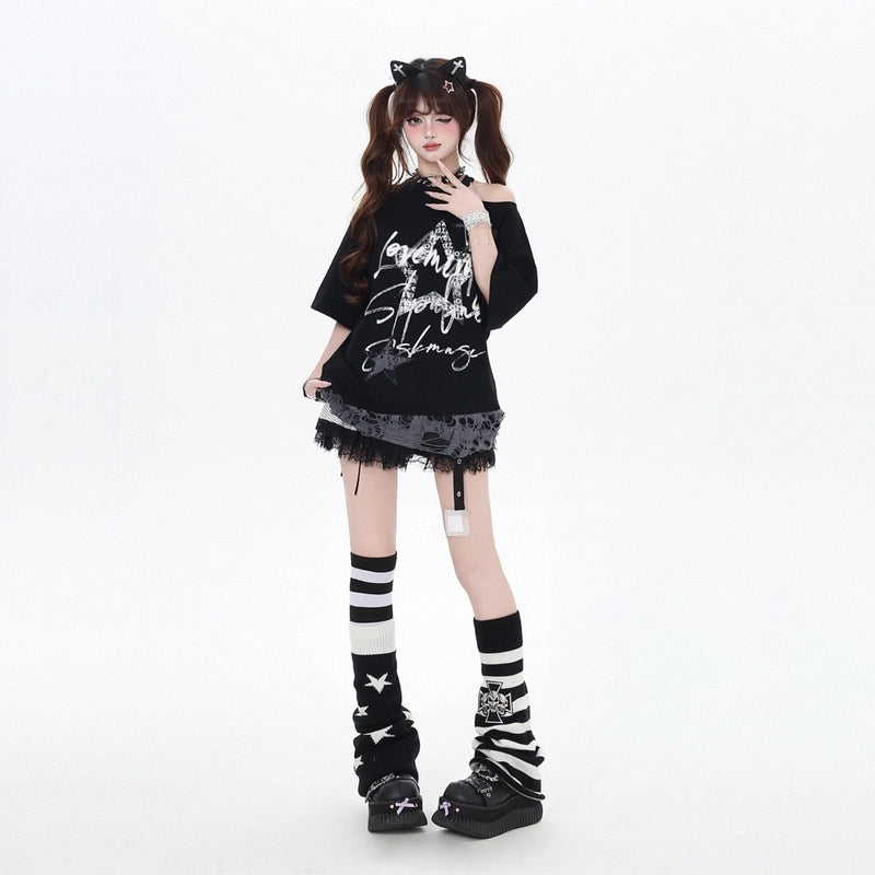 Summer Sweet Cool Style Star Print Off-shoulder T-shirt