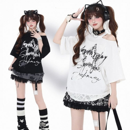 Summer Sweet Cool Style Star Print Off-shoulder T-shirt
