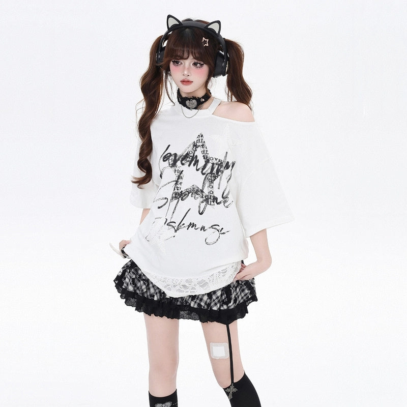 Summer Sweet Cool Style Star Print Off-shoulder T-shirt