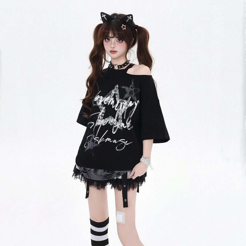 Summer Sweet Cool Style Star Print Off-shoulder T-shirt