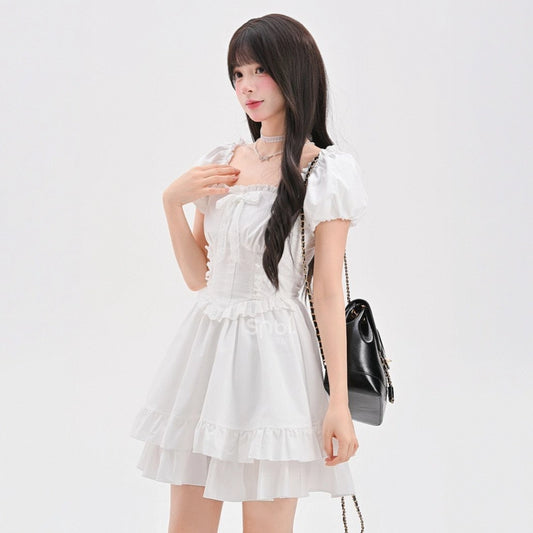 Summer Sweet French White Puff Sleeve Dress