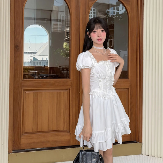 Summer Sweet French White Puff Sleeve Dress