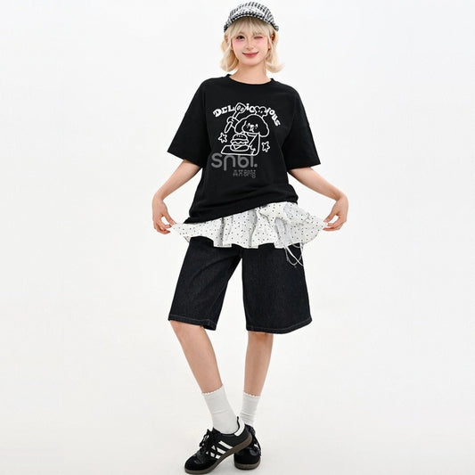 Summer Sweet Girl Style Black Cartoon Puppy Print T-shirt
