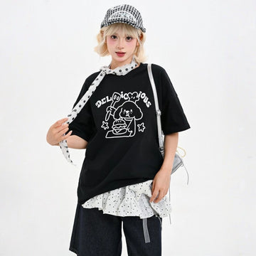 Summer Sweet Girl Style Black Cartoon Puppy Print T-shirt