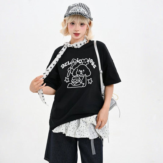Summer Sweet Girl Style Black Cartoon Puppy Print T-shirt