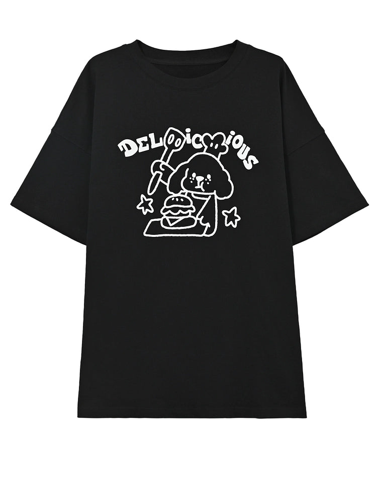 Summer Sweet Girl Style Black Cartoon Puppy Print T-shirt