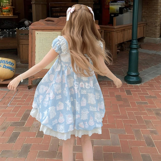 Summer Sweet Girl Style Blue Cartoon Pattern Print Dress