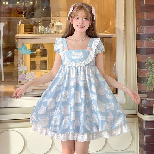 Summer Sweet Girl Style Blue Cartoon Pattern Print Dress