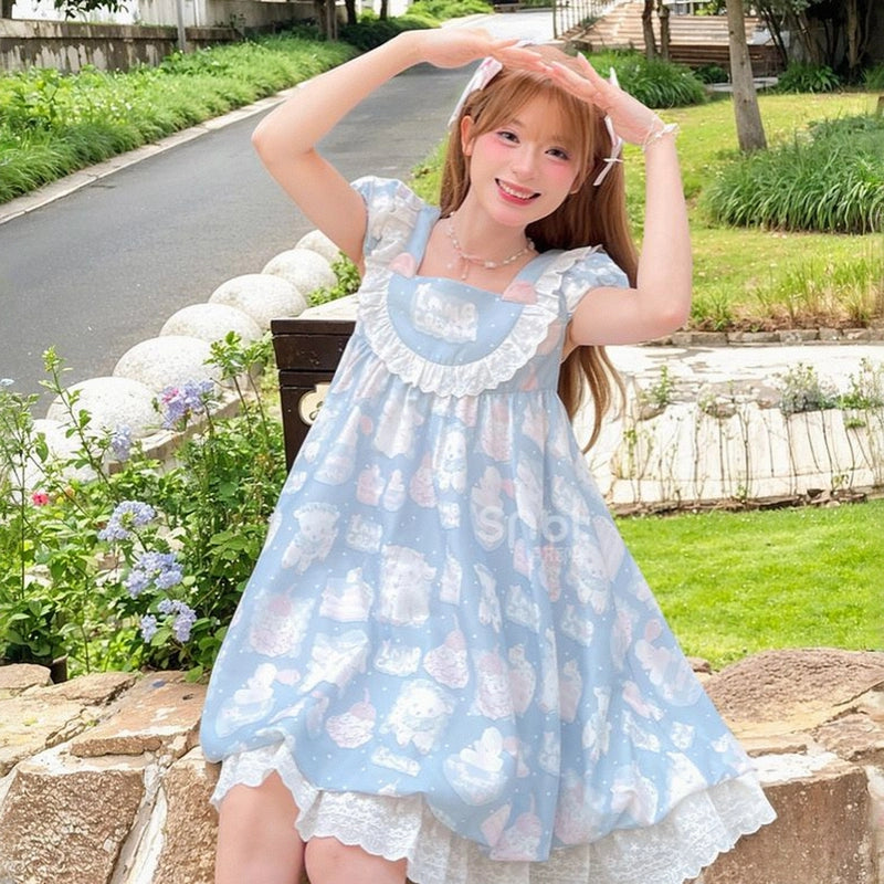 Summer Sweet Girl Style Blue Cartoon Pattern Print Dress