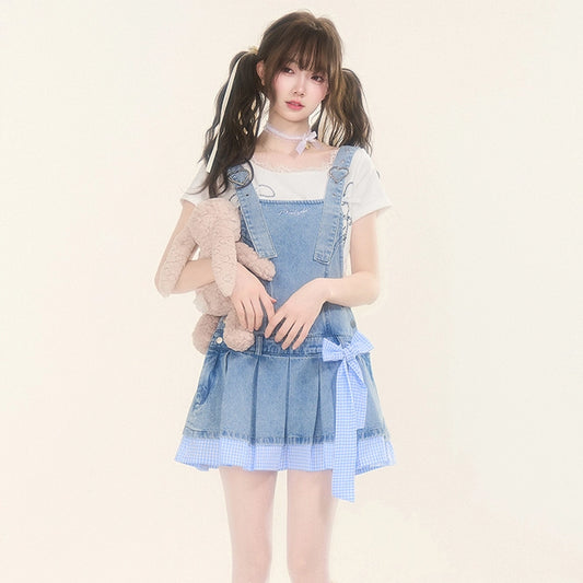 Summer Sweet Girl Style Blue Denim Suspender Skirt