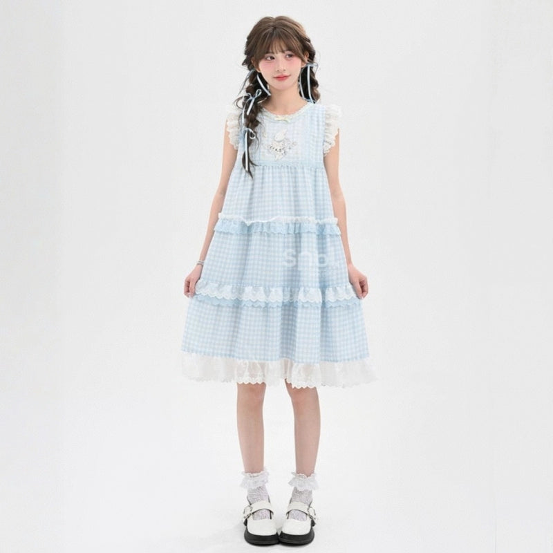 Summer Sweet Girl Style Blue Plaid Print Dress