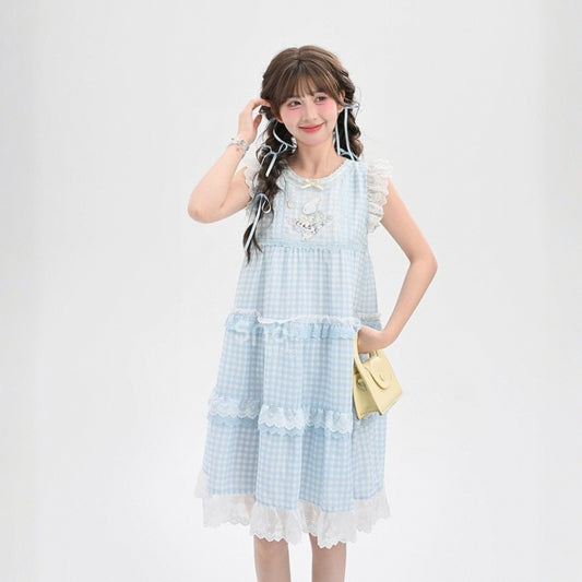 Summer Sweet Girl Style Blue Plaid Print Dress