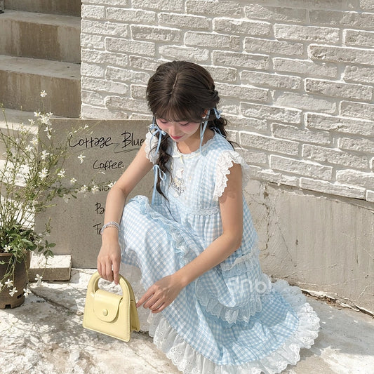 Summer Sweet Girl Style Blue Plaid Print Dress