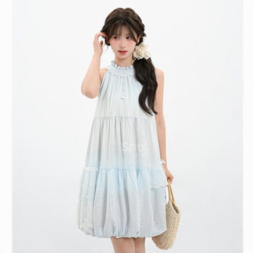 Summer Sweet Girl Style Blue Sleeveless Halter Dress