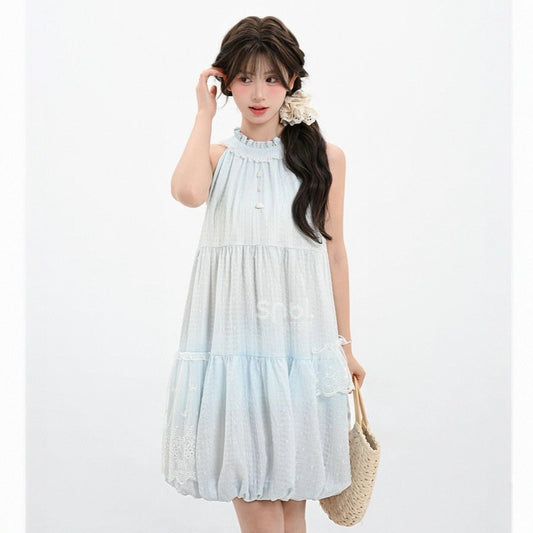 Summer Sweet Girl Style Blue Sleeveless Halter Dress
