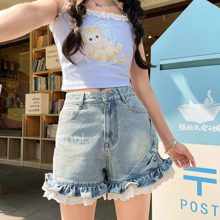 Summer Sweet Girl Style Bow All-match Denim Shorts
