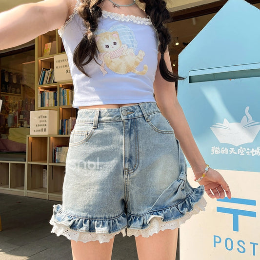 Summer Sweet Girl Style Bow All-match Denim Shorts