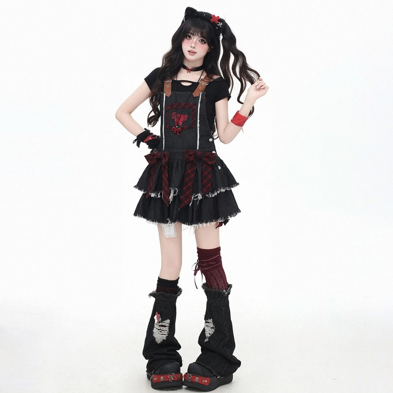 Summer Sweet Girl Style Bow Decoration Denim Overalls Skirt